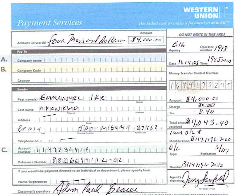 WU Completed Money Transfer Slip Photo by APBearer Photobucket